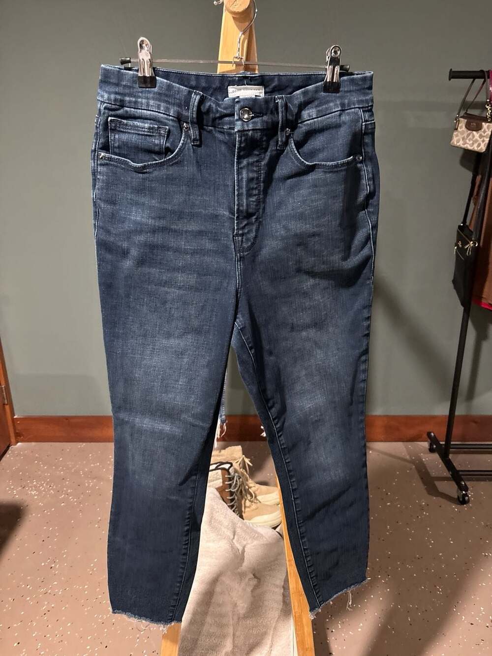 Good American Good Legs High Rise Skinny Jeans Raw Hem Dark Wash Size 12/31